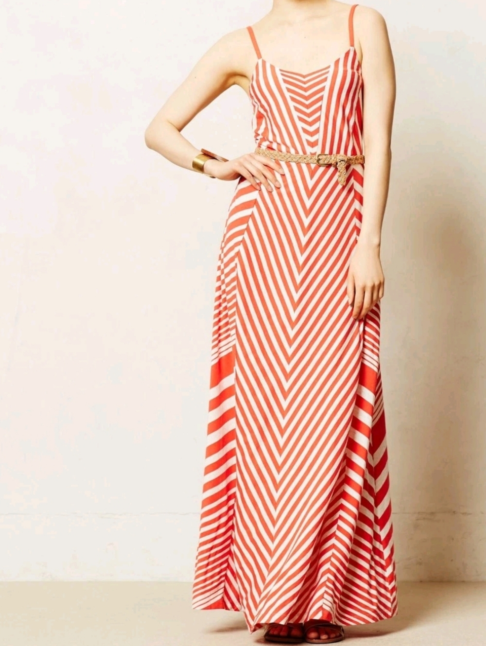 Anthropologie LILKA Maxi Dress Orange & White Stripe Pima Cotton, Size Large